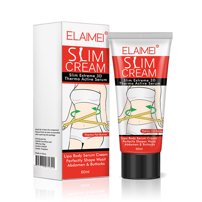 Crème amincissante pour le corps de marque inconnue, tube blanc avec applicateur, visible sur fond neutre.