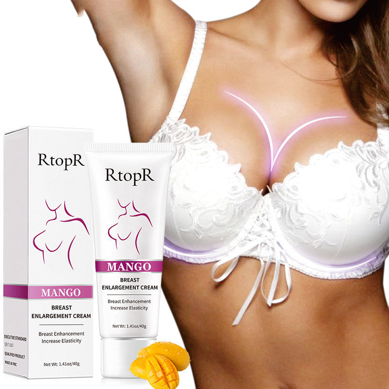 Crème pour seins Mango pour femmes, crème de massage de 40g, texture nourrissante et hydratante visible dans l'image.