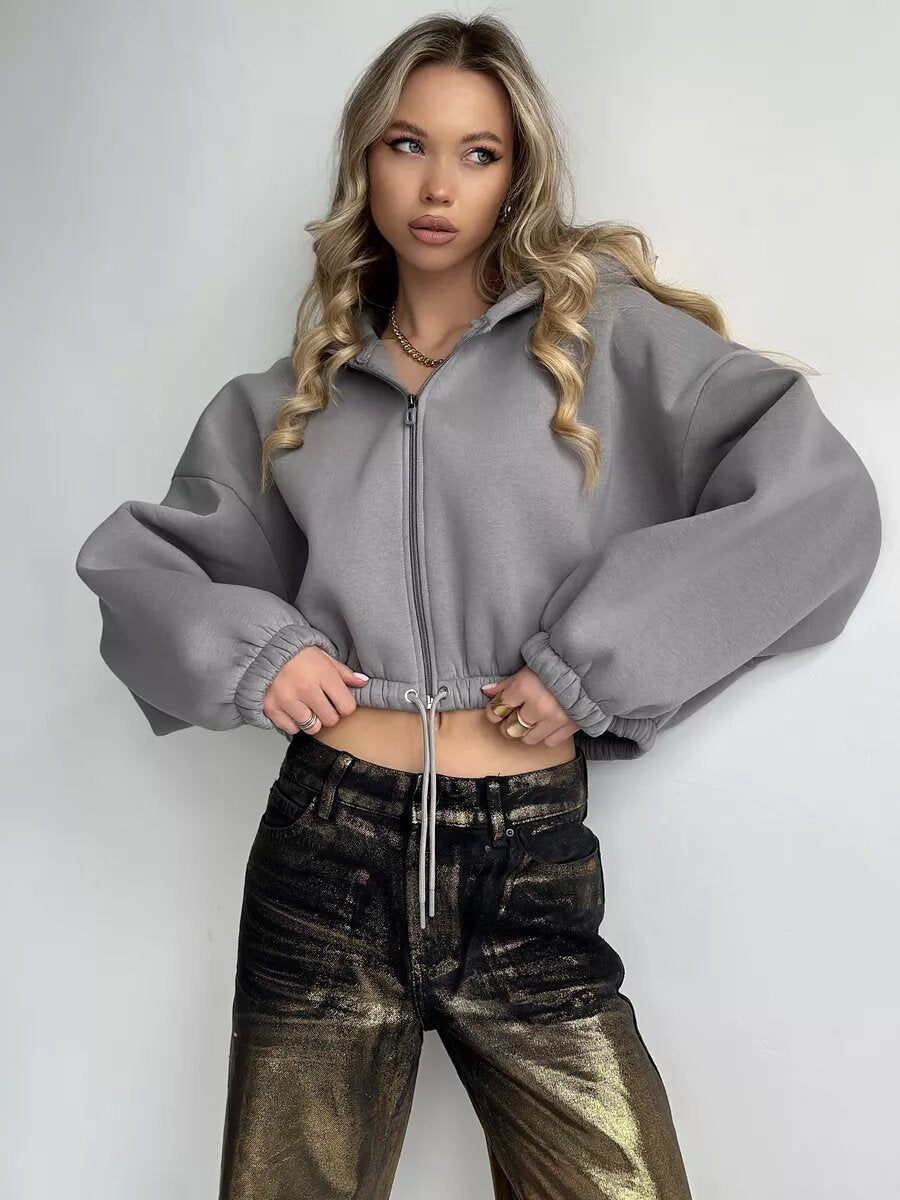 Casual Loose Hoodie for Women Short Crop Tied Waist Crop Top Zipper Long Sleeve Sweatshirt - 𝐃𝐔𝐕𝐋𝐀𝐒𝐇𝐎𝐏
