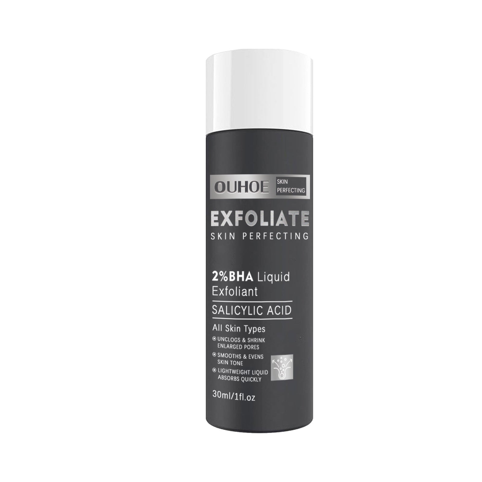 Eau de soin réparatrice à la salicylate pour peau acnéique, flacon transparent avec liquide clair, pour la peau.