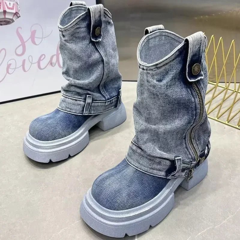 Denim Ankle Boots For Women Round Toe Thick Bottom Side Zipper Belt Buckle Female Shoes Solid Color Low Heel Designer New Brand - 𝐃𝐔𝐕𝐋𝐀𝐒𝐇𝐎𝐏