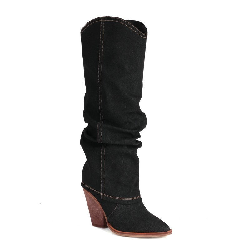 Women's autumn winter retro western cowboy pointed boots thick heel high knight boots - 𝐝𝐮𝐯𝐥𝐚𝐬𝐡𝐨𝐩.𝐜𝐨𝐦