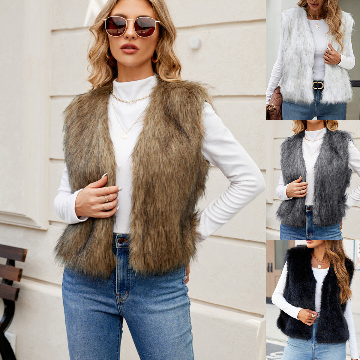 V-neck short women's faux fur jacket