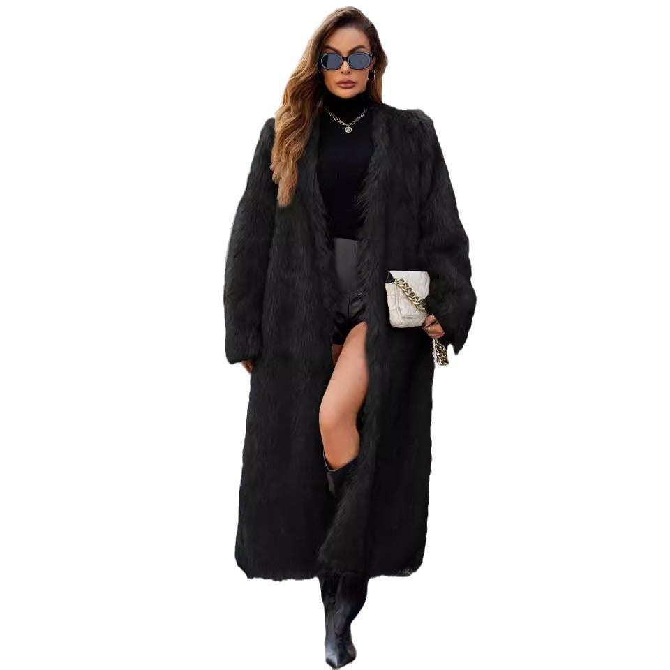 V-neck long faux fur coat