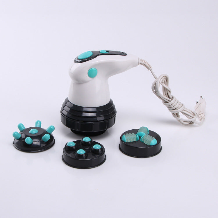 Appareil de massage électrique pour amincissement corporel, massant le ventre et les jambes avec des électrodes.