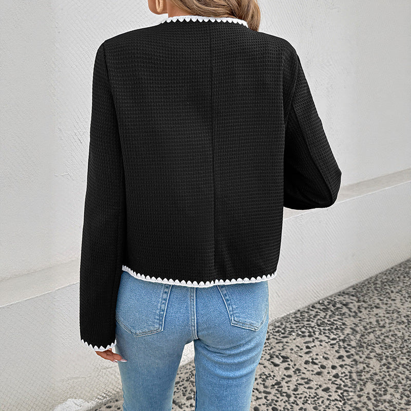 Loose trimmed V-neck color blocked jacket for women