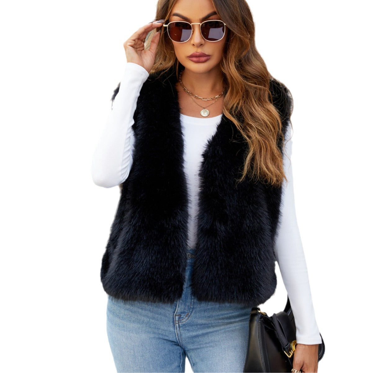 V-neck short women's faux fur jacket