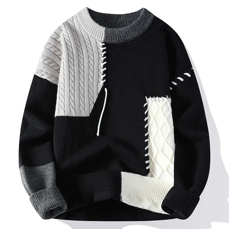 2025 New Male Patchwork Sweater Trend High Street Fashion Autumn and Winter Warm Mens Hip - hop Street Clothing Men pullover shirt - 𝐃𝐔𝐕𝐋𝐀𝐒𝐇𝐎𝐏