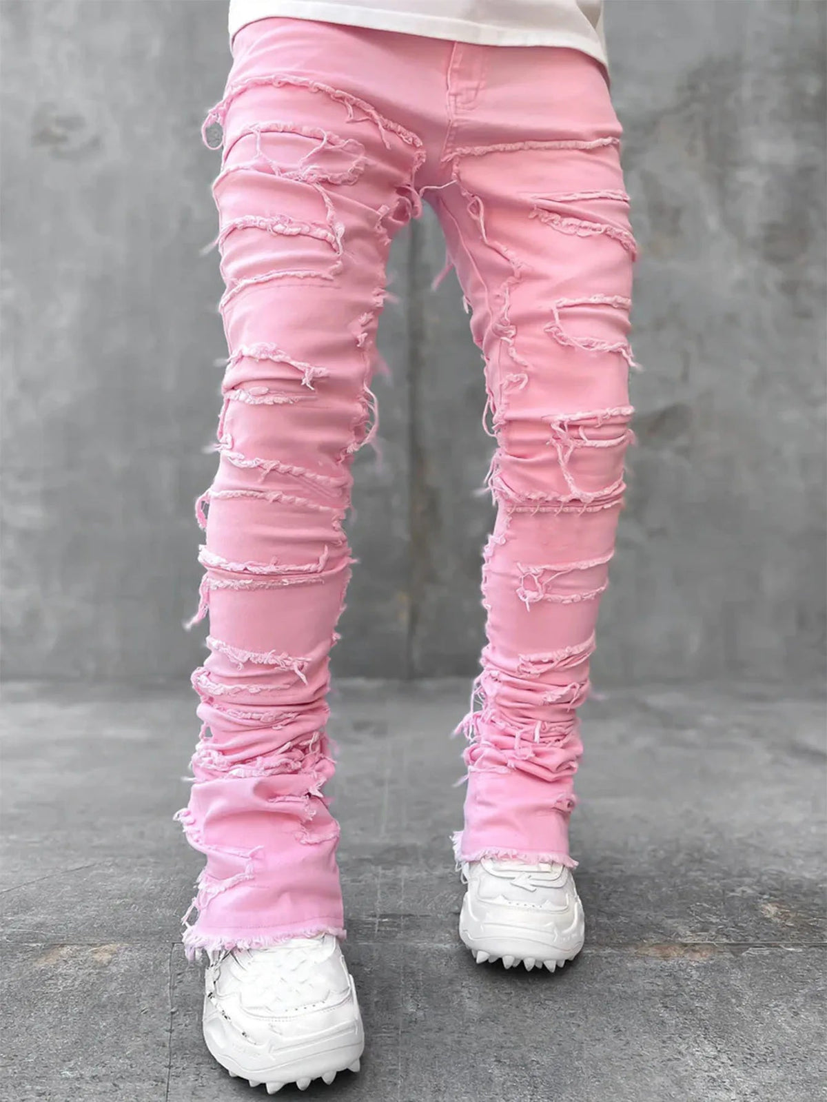 2025 New Men's Stacked Jeans Stretched Patchwork Tassel Damaged Denim Full Length Pants Hip - pop Trousers For Male - 𝐃𝐔𝐕𝐋𝐀𝐒𝐇𝐎𝐏
