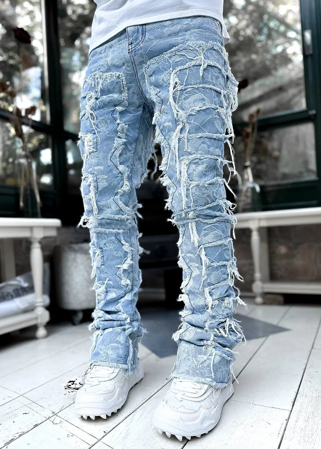 2025 New Men's Stacked Jeans Stretched Patchwork Tassel Damaged Denim Full Length Pants Hip - pop Trousers For Male - 𝐝𝐮𝐯𝐥𝐚𝐬𝐡𝐨𝐩.𝐜𝐨𝐦