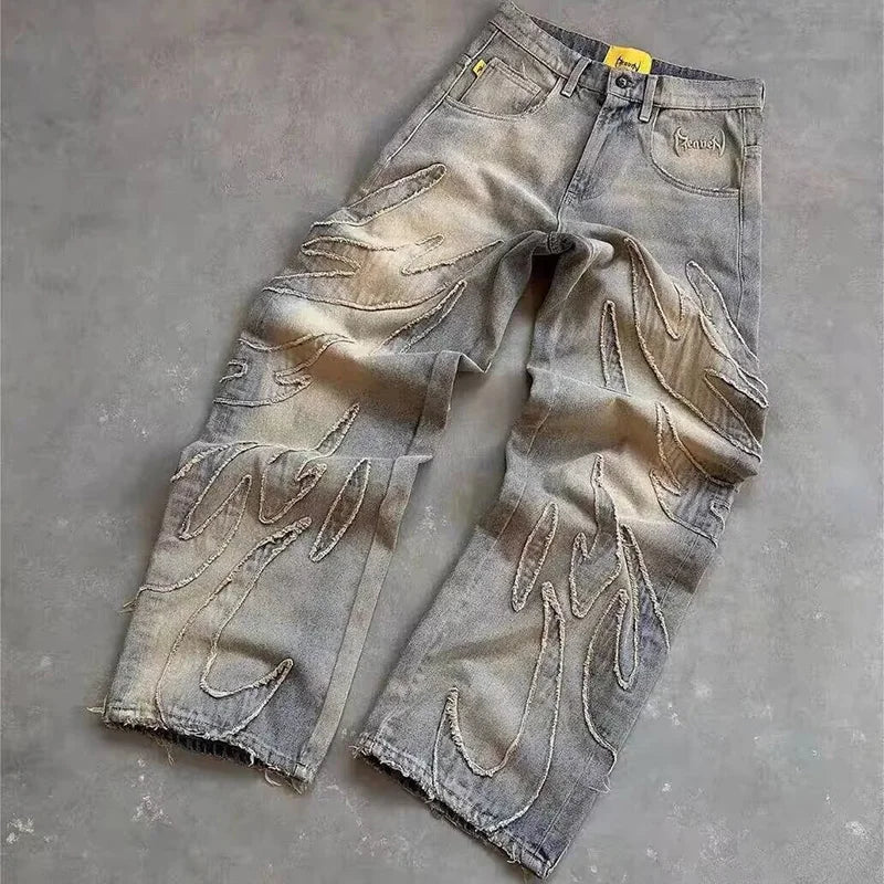 2025 Y2k Hip Hop Baggy Jeans Men's Street Fashion Raw Edge Embroidered Jeans Street Gothic Retro High Waisted Wide Leg Trousers - 𝐝𝐮𝐯𝐥𝐚𝐬𝐡𝐨𝐩.𝐜𝐨𝐦