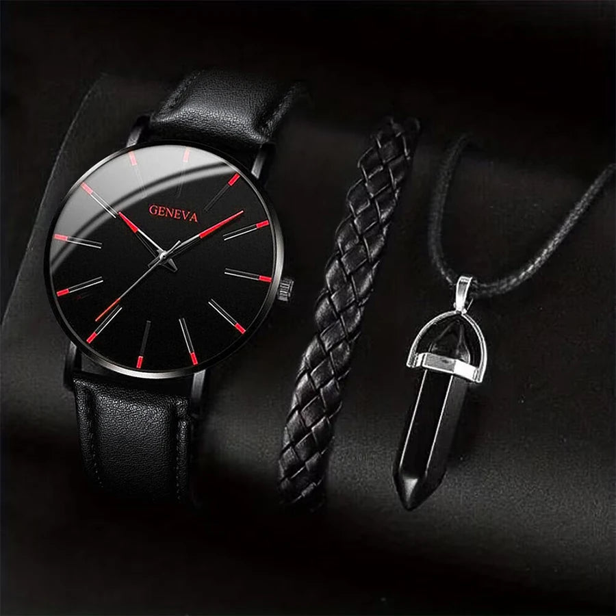 3PCS/Set Men Business Watches Casual Leather Band Analog Male's Quartz Watch Necklace Bracelet Set - 𝐝𝐮𝐯𝐥𝐚𝐬𝐡𝐨𝐩.𝐜𝐨𝐦