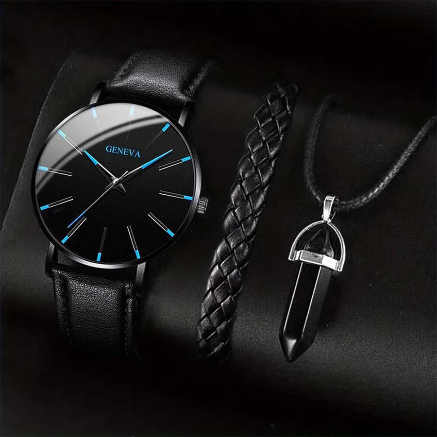 3PCS/Set Men Business Watches Casual Leather Band Analog Male's Quartz Watch Necklace Bracelet Set - 𝐝𝐮𝐯𝐥𝐚𝐬𝐡𝐨𝐩.𝐜𝐨𝐦