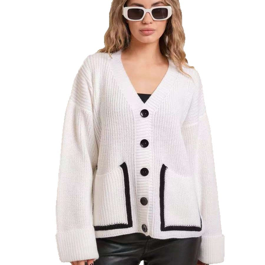 V-neck contrasting single breasted knitted cardigan