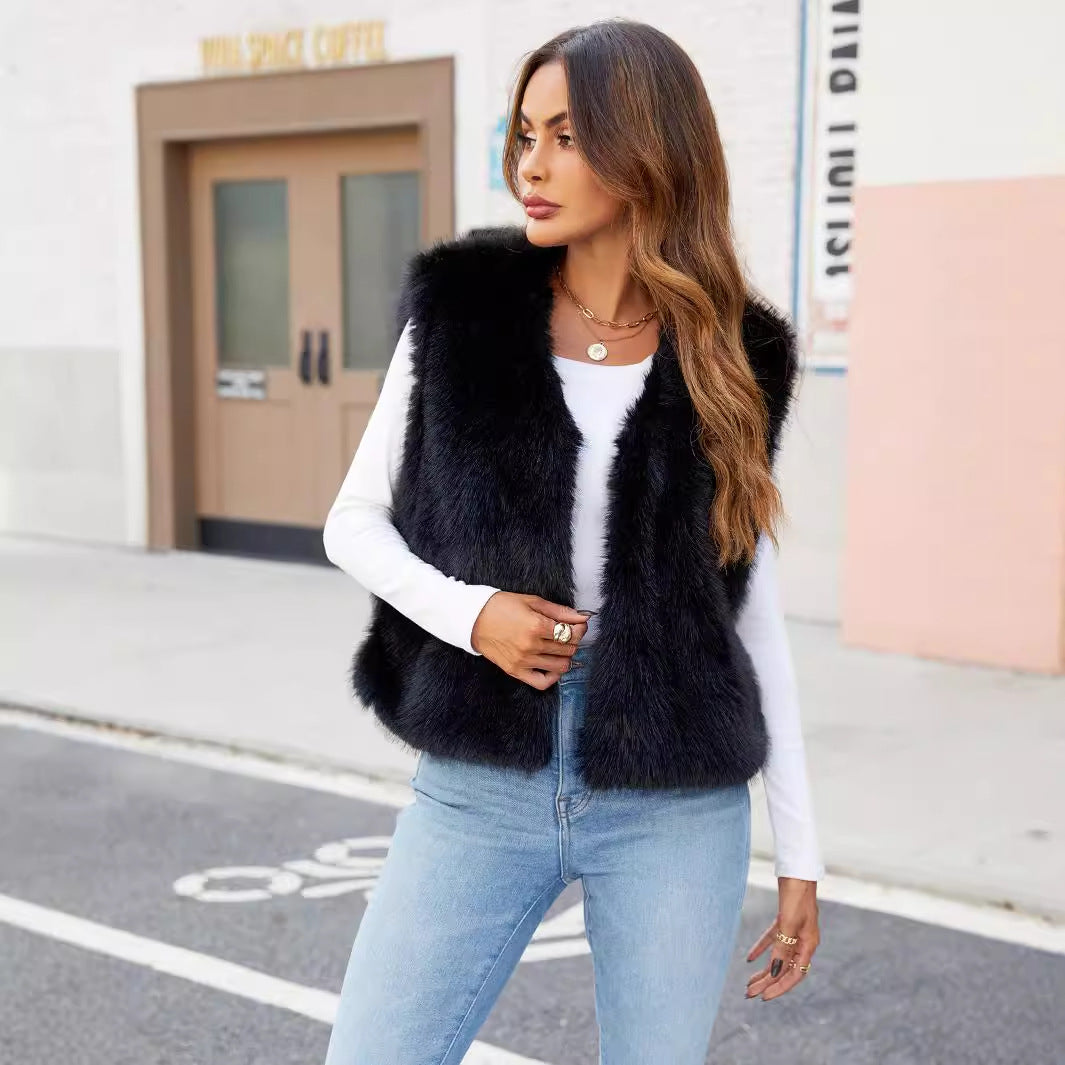 V-neck short women's faux fur jacket