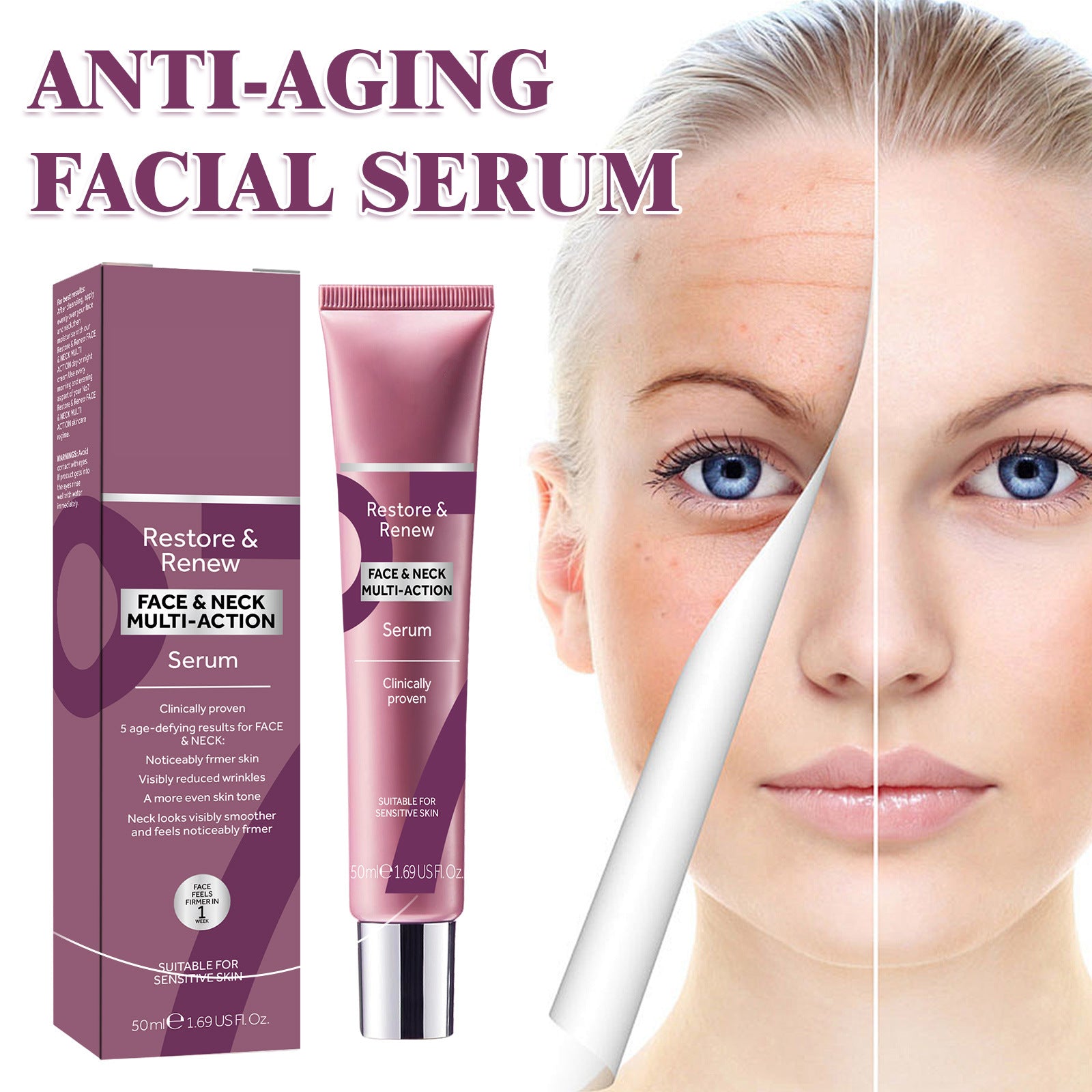 Soin facial anti-rides anti-âge avec flacon blanc et pompe, visible sur fond neutre, pour une peau plus jeune et éclatante.