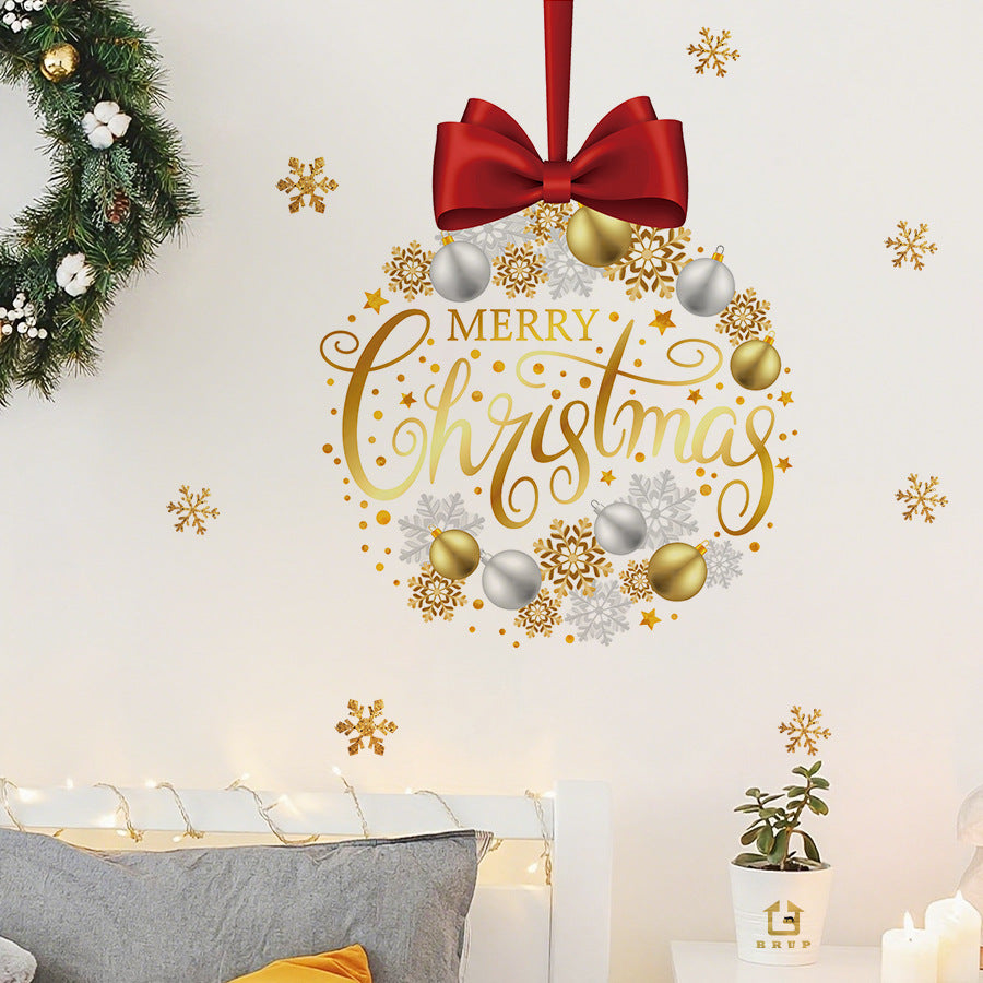 HS1788Q Elegant Bow Christmas Ball Gold Snowflake Self-Adhesive Wall Sticker &quot;Merry Christmas&quot;