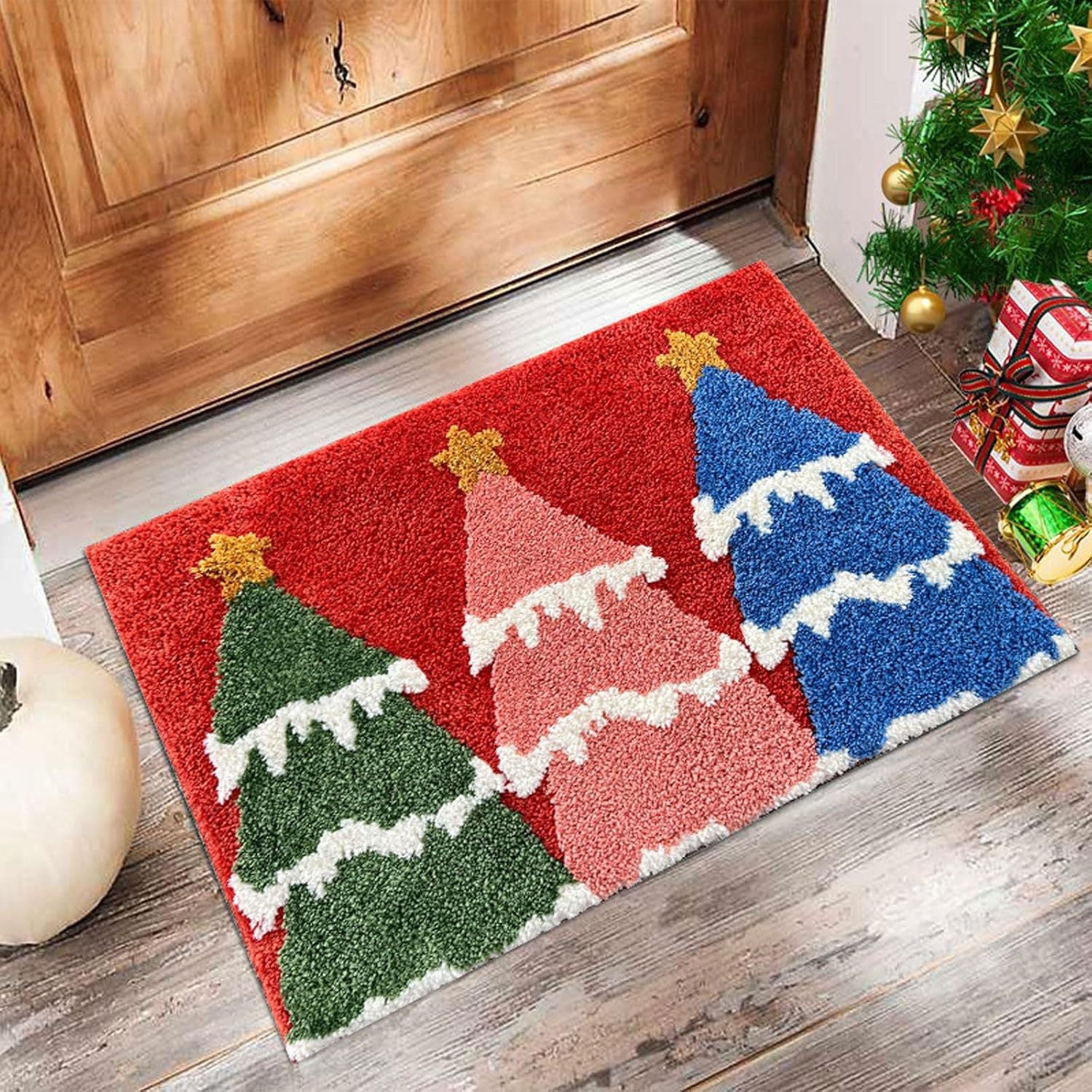 Christmas Faux Wool Rug Cute Cartoon Bathroom Thick Absorbent Floor Mat Entryway Stain-Resistant Easy-to-Clean Rug