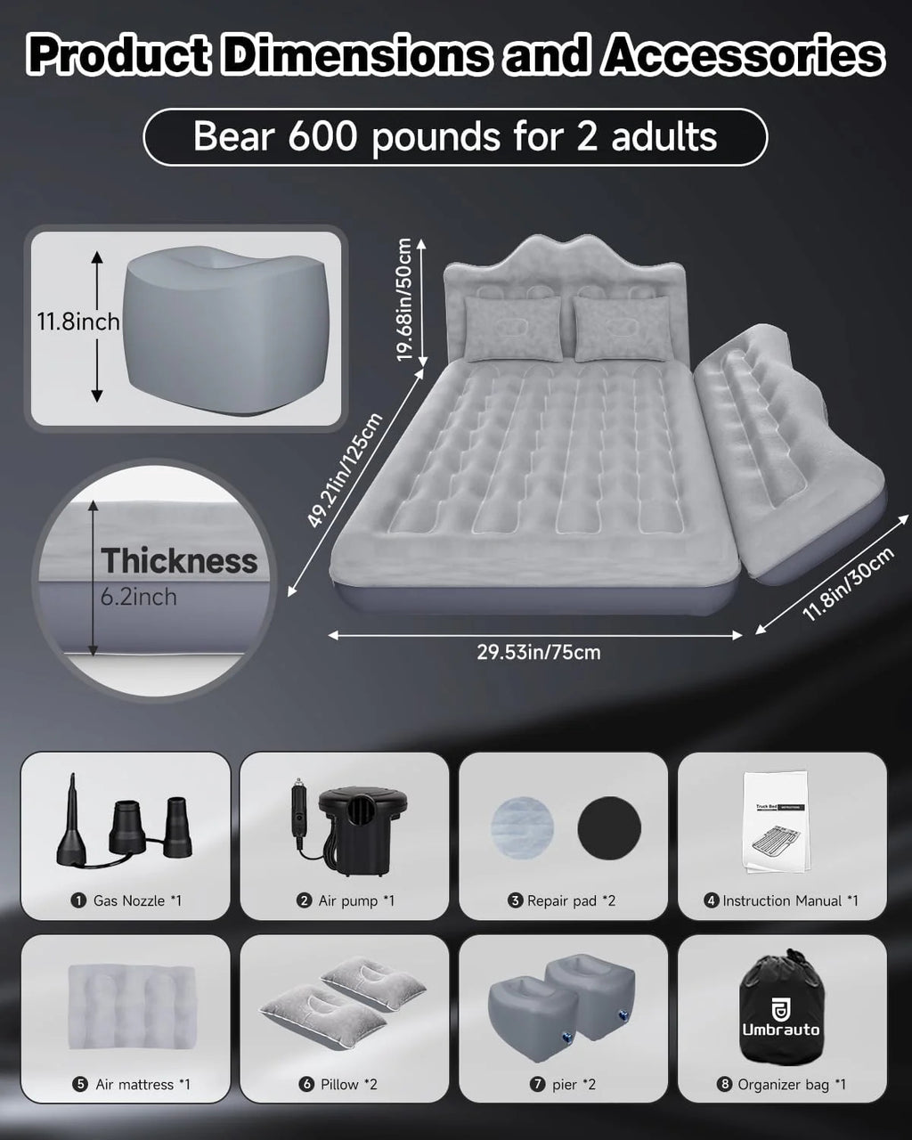 Umbrauto 29.53in/75cm Wide Car Air Mattress – Inflatable SUV, Truck & Van Back Seat Camping Bed with Pump & Pillows, Gray
