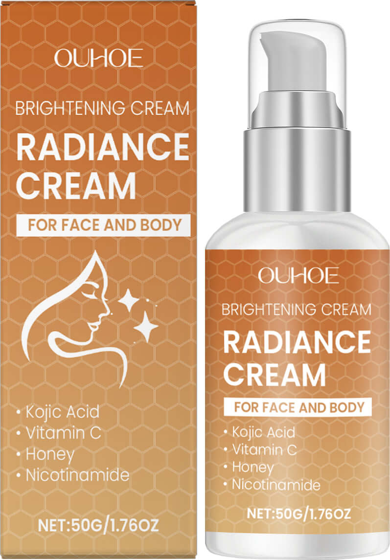 Crème Radiance de marque inconnue, texture douce et onctueuse présentée dans un pot blanc.