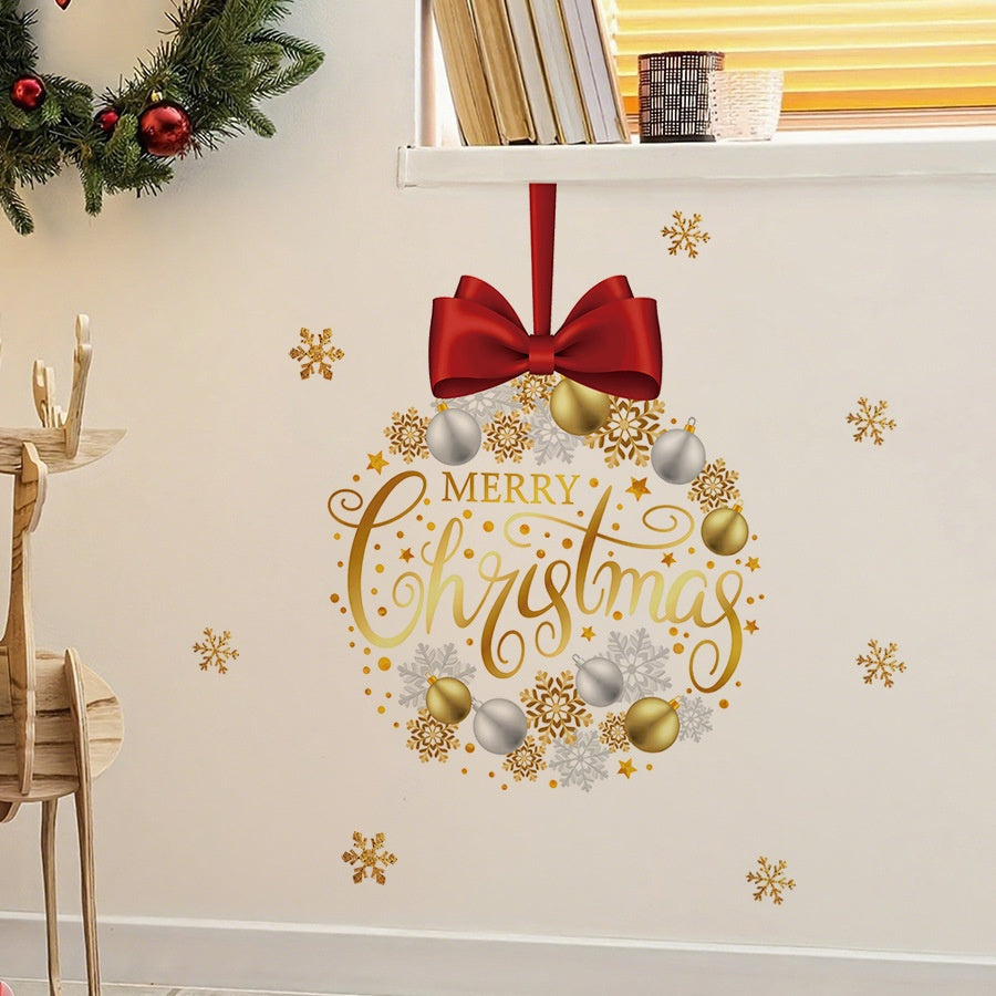 HS1788Q Elegant Bow Christmas Ball Gold Snowflake Self-Adhesive Wall Sticker &quot;Merry Christmas&quot;