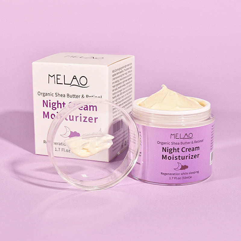 Crème de nuit réparatrice à base de rétinol VE pour la peau, contenant un pot de crème visage dans un pot blanc.
