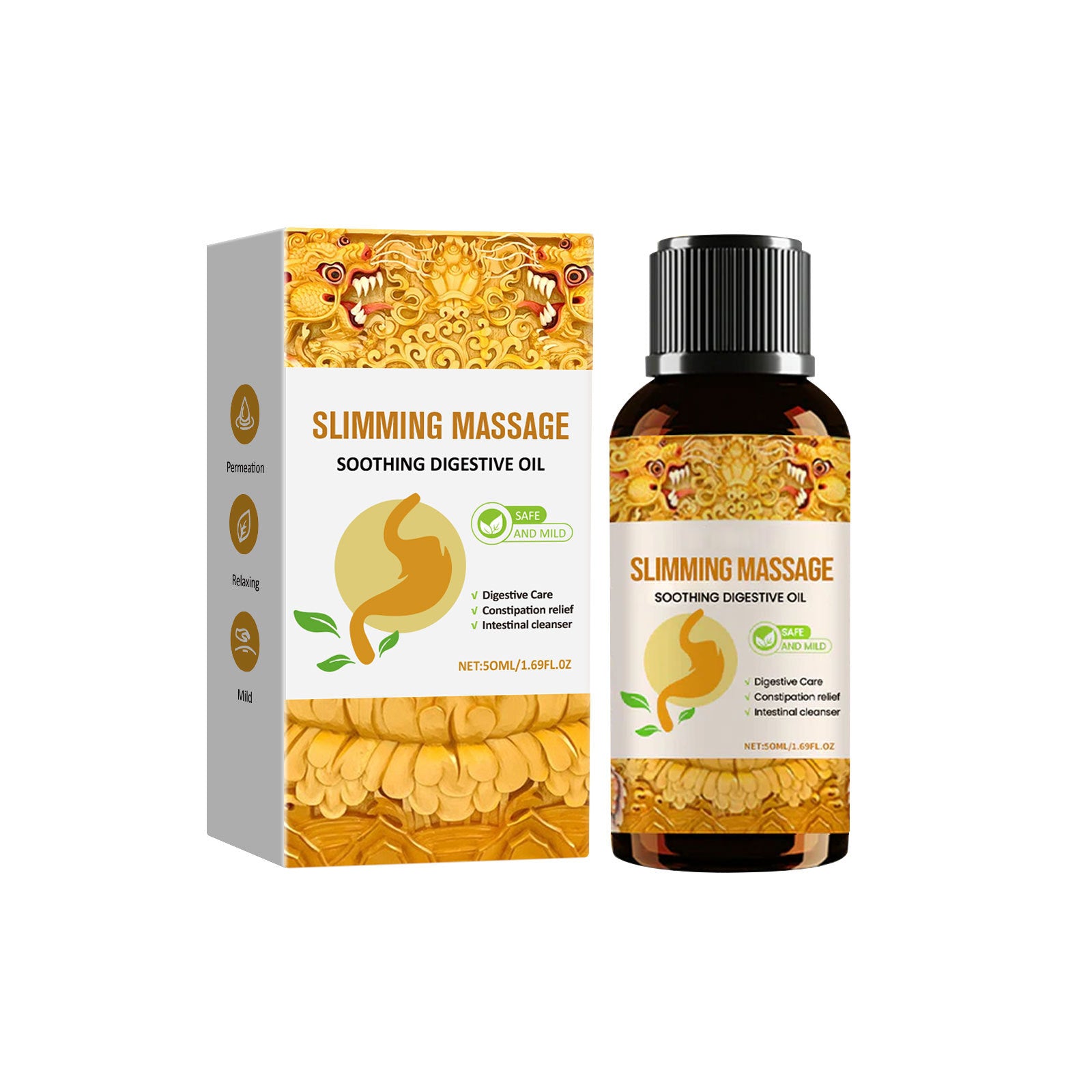Huile amincissante relaxante pour le corps, flacon blanc et vert, destinée aux soins apaisants et relaxants du corps.