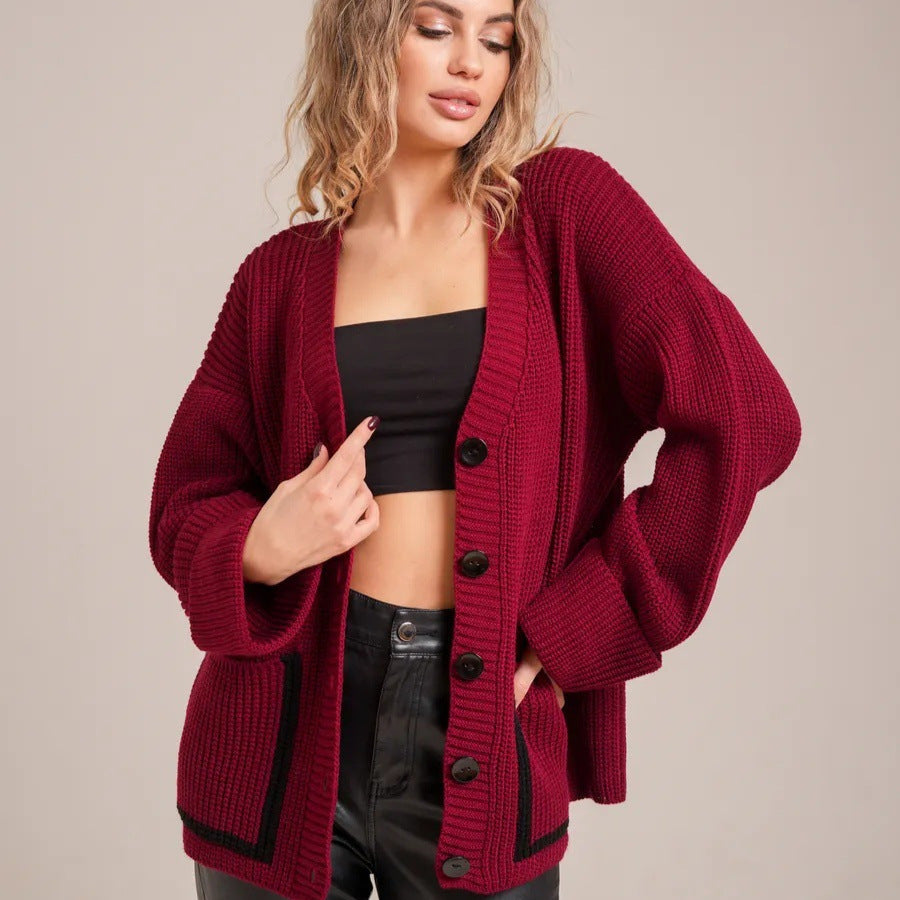 V-neck contrasting single breasted knitted cardigan
