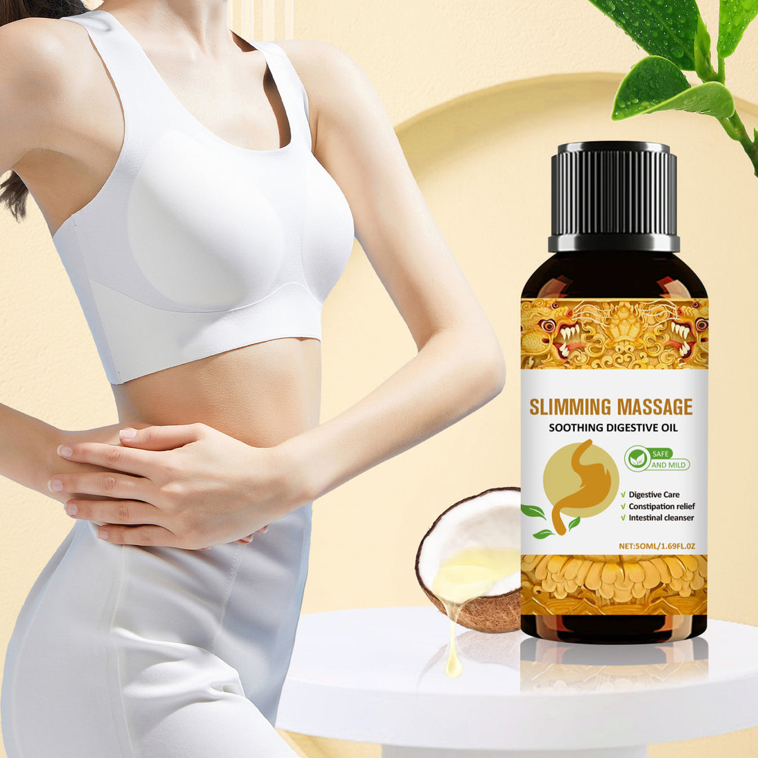 Huile amincissante pour le corps, huile apaisante et relaxante, flacon avec étiquette visible, soin corporel naturel.