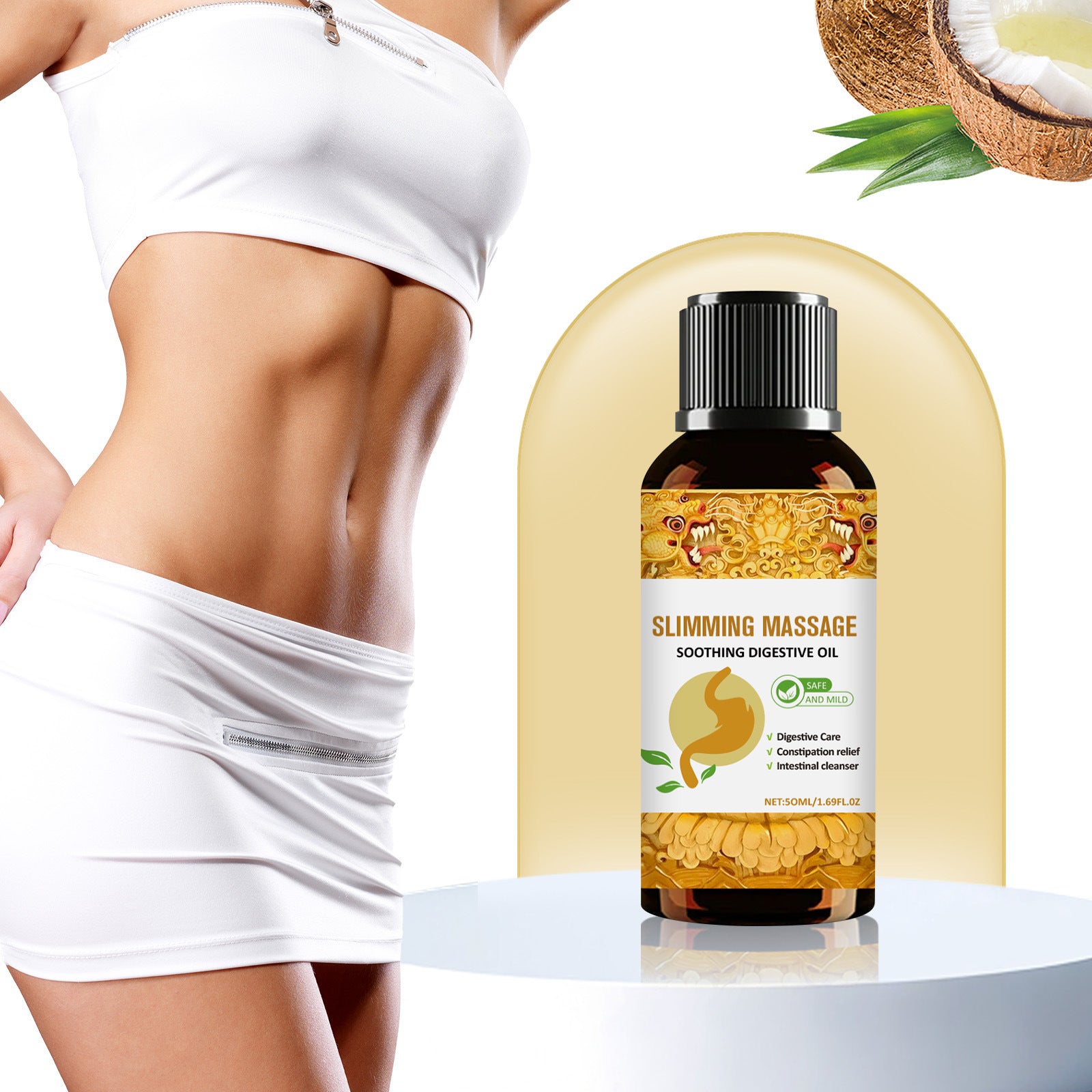 Huile amincissante apaisante pour le corps, flacon avec bouteille en plastique, soin relaxant pour la peau.