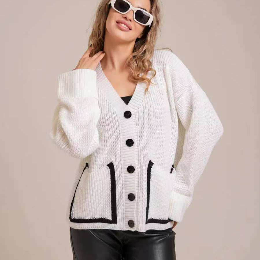 V-neck contrasting single breasted knitted cardigan