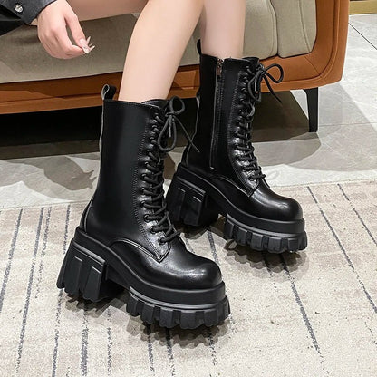 9CM Chunky Platform Ankle Boots Women 2025 New Autumn Winter Motorcycle Boots Woman Thick Bottom Non Slip Leather Combat Boots - 𝐃𝐔𝐕𝐋𝐀𝐒𝐇𝐎𝐏