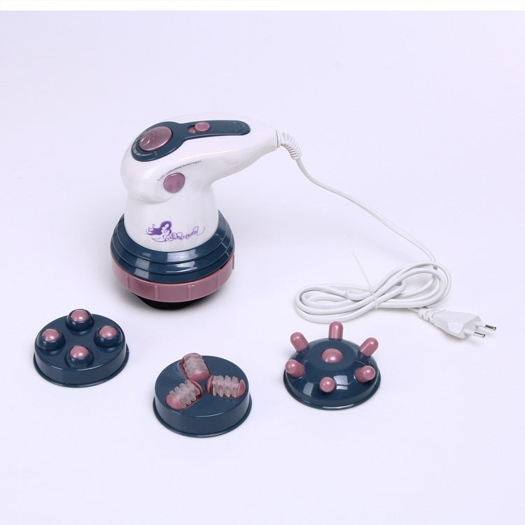 Appareil de massage électrique pour amincissement corporel, avec rouleaux et écran de contrôle visible sur le corps du masseur.