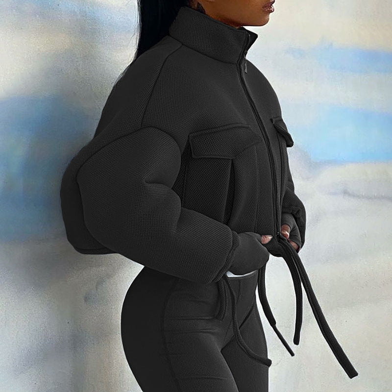 Autumn Women's New Sexy Open Navel Stand Collar Loose Short Jacket Coat