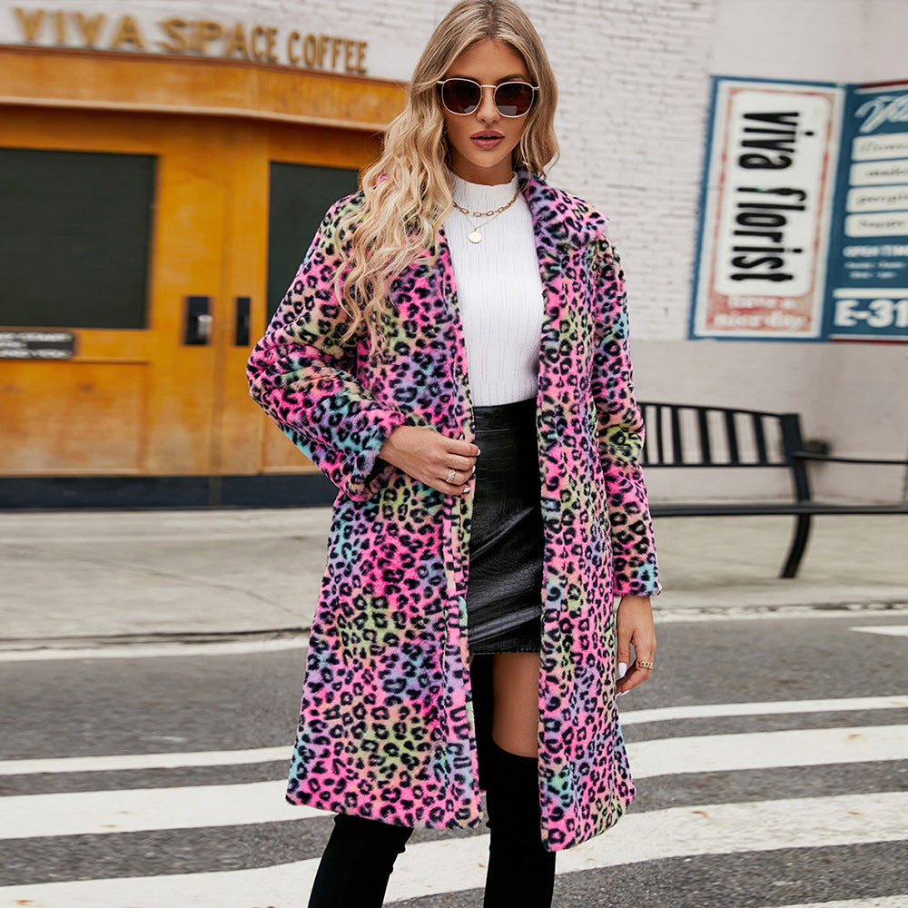 Leopard print faux fur plush lapel coat