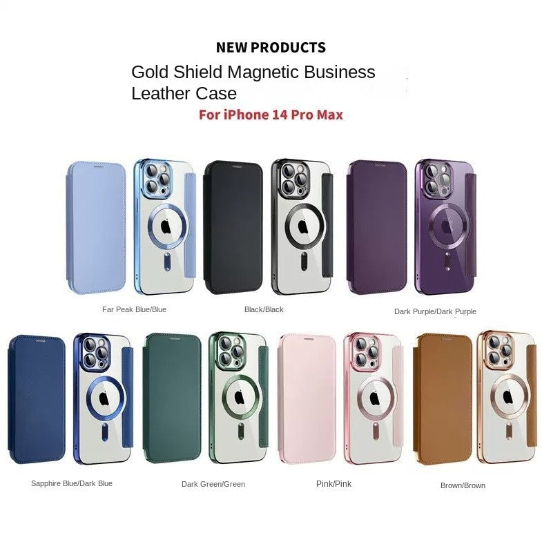 Suitable for iPhone 16 gold shield electroplated magnetic flip cover leather case Apple 15 all inclusive lens 14 protective case