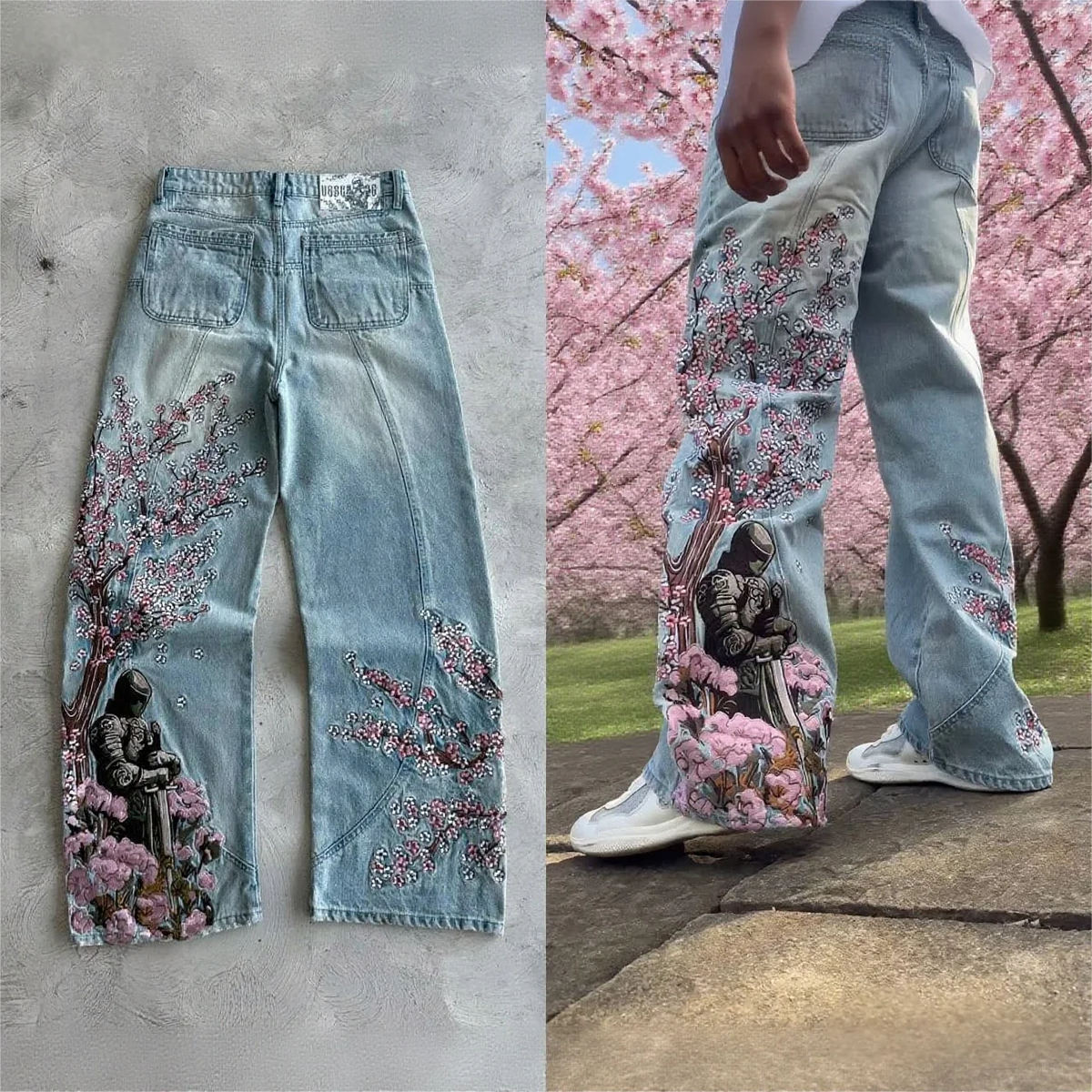 Vintage Cherry Blossom Black Knight Embroidery Jeans Y2K Retro Baggy Straight Denim Blue Wash Casual Pants for Men