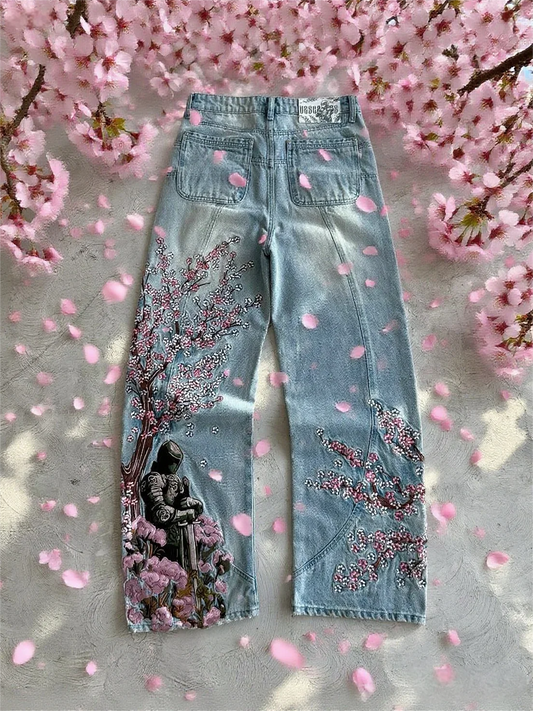 Vintage Cherry Blossom Black Knight Embroidery Jeans Y2K Retro Baggy Straight Denim Blue Wash Casual Pants for Men