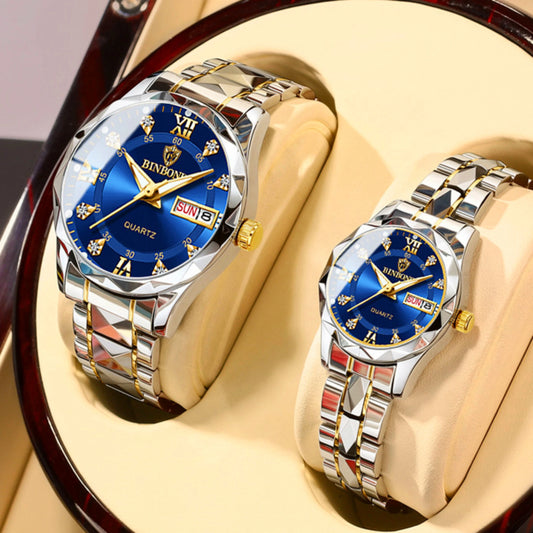 Ensemble de 2 montres pour couple, étanches à 30 m, cadeau tendance pour la Saint-Valentin, en acier inoxydable avec cristal, pour homme et femme, à quartz, référence 2521