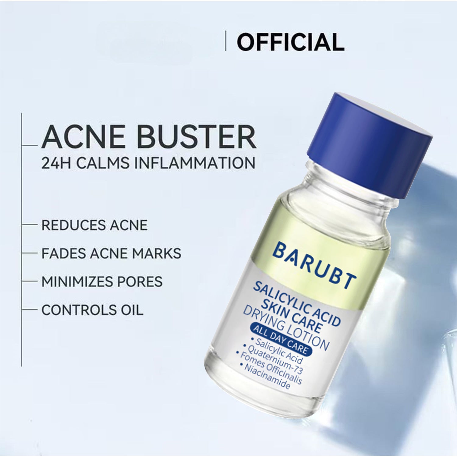 Visage propre et hydraté avec le nettoyant et hydratant pour peau acnéique, sans marque visible, dans un flacon blanc.