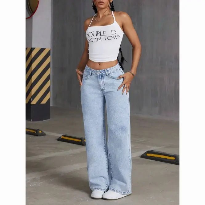 American Women's Blue Washed High - Waisted Straight - Leg Jeans Loose Fashion Front & Back Pockets Jeans Suitable Daily Casual Wear - 𝐝𝐮𝐯𝐥𝐚𝐬𝐡𝐨𝐩.𝐜𝐨𝐦