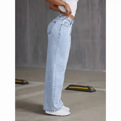 American Women's Blue Washed High - Waisted Straight - Leg Jeans Loose Fashion Front & Back Pockets Jeans Suitable Daily Casual Wear - 𝐝𝐮𝐯𝐥𝐚𝐬𝐡𝐨𝐩.𝐜𝐨𝐦