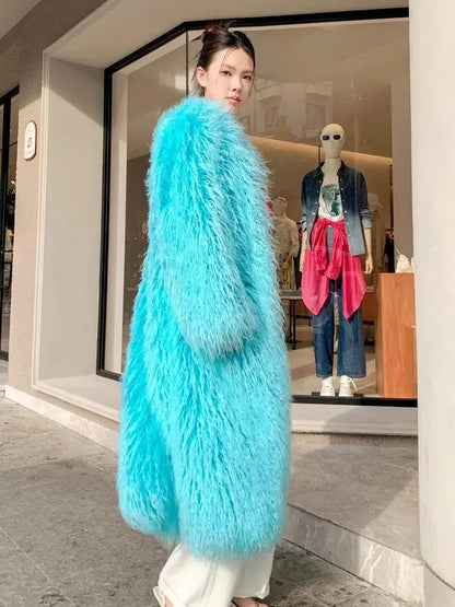 Autumn And Winter Fashion Light Blue Furry Jacket Imitation Beach Sheep Wool Over Knee Long Coat Lamb Woolen - 𝐝𝐮𝐯𝐥𝐚𝐬𝐡𝐨𝐩.𝐜𝐨𝐦