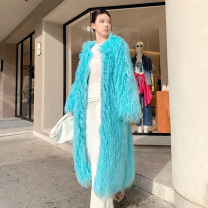 Autumn And Winter Fashion Light Blue Furry Jacket Imitation Beach Sheep Wool Over Knee Long Coat Lamb Woolen - 𝐝𝐮𝐯𝐥𝐚𝐬𝐡𝐨𝐩.𝐜𝐨𝐦