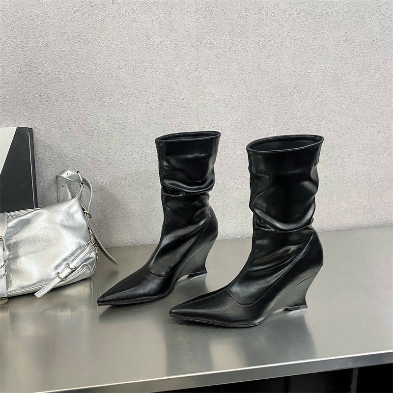 Autumn and Winter New Fashionable French Pointed Slope Heel Stacked Women's Boots Soft Leather High Heels Comfortable Short Boots - 𝐝𝐮𝐯𝐥𝐚𝐬𝐡𝐨𝐩.𝐜𝐨𝐦