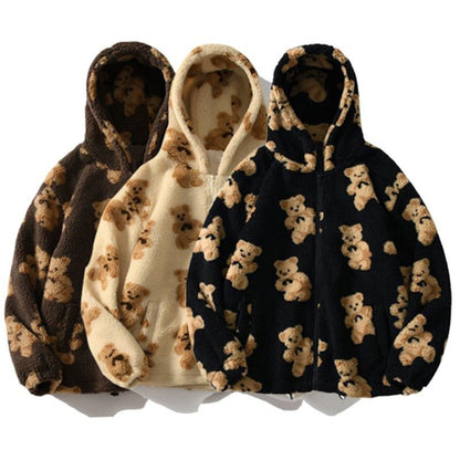 Autumn and Winter Women's Hooded Thickened Casual Sweater Cartoon Pattern Bear Zipper Pocket Plush Sweater - 𝐃𝐔𝐕𝐋𝐀𝐒𝐇𝐎𝐏