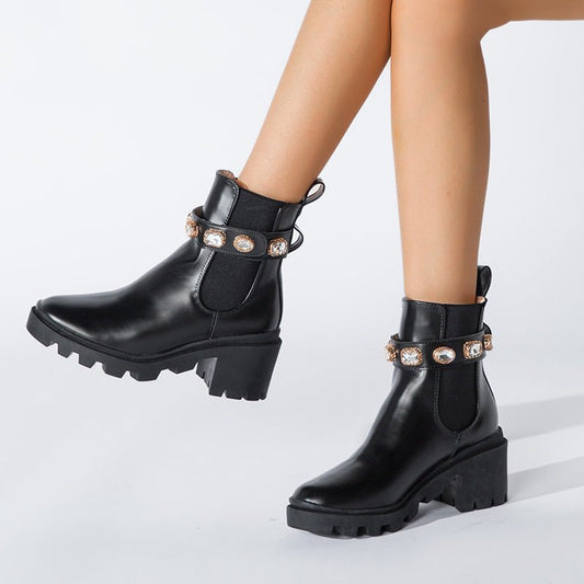 Autumn New Fashion Rhinestone Round Head Martin Boots Female Mid - Thigh Elastic Thin Boots - 𝐝𝐮𝐯𝐥𝐚𝐬𝐡𝐨𝐩.𝐜𝐨𝐦