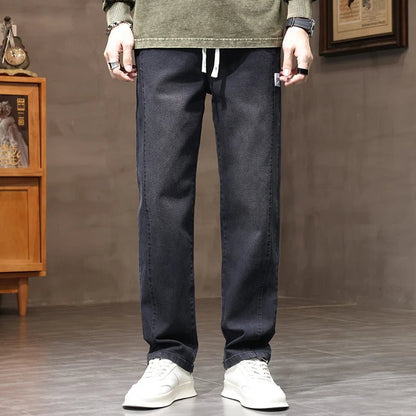 Autumn Winter Retro Jeans Men Drawstring Elastic Waist Cotton Cargo Denim Pants Work Korean Fashion Thick Trousers Male M - 4XL - 𝐝𝐮𝐯𝐥𝐚𝐬𝐡𝐨𝐩.𝐜𝐨𝐦