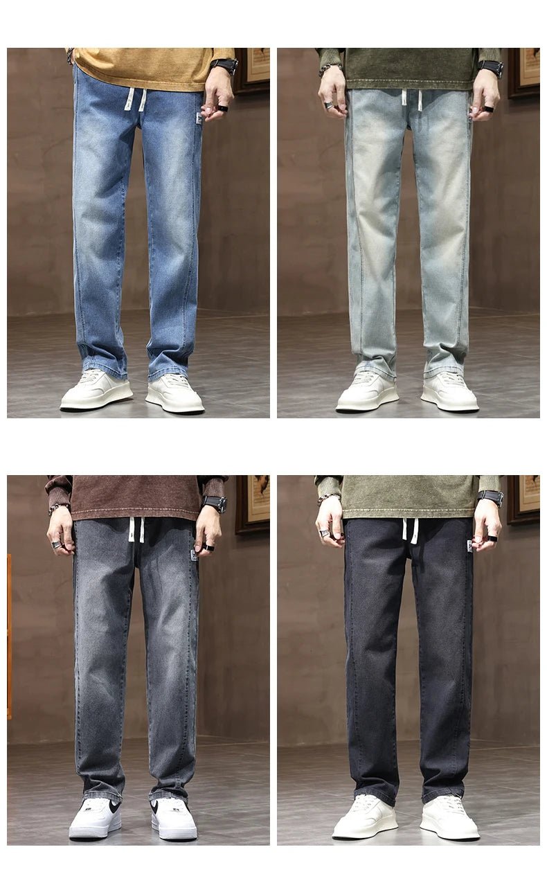 Autumn Winter Retro Jeans Men Drawstring Elastic Waist Cotton Cargo Denim Pants Work Korean Fashion Thick Trousers Male M - 4XL - 𝐃𝐔𝐕𝐋𝐀𝐒𝐇𝐎𝐏