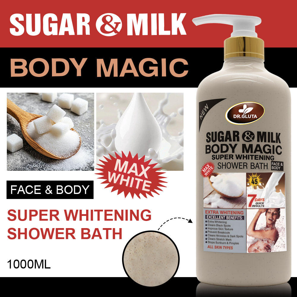 Gel douche exfoliant blanchissant anti-âge Sugar&amp;Milk pour soin de la peau, en flacon blanc avec texture crémeuse.
